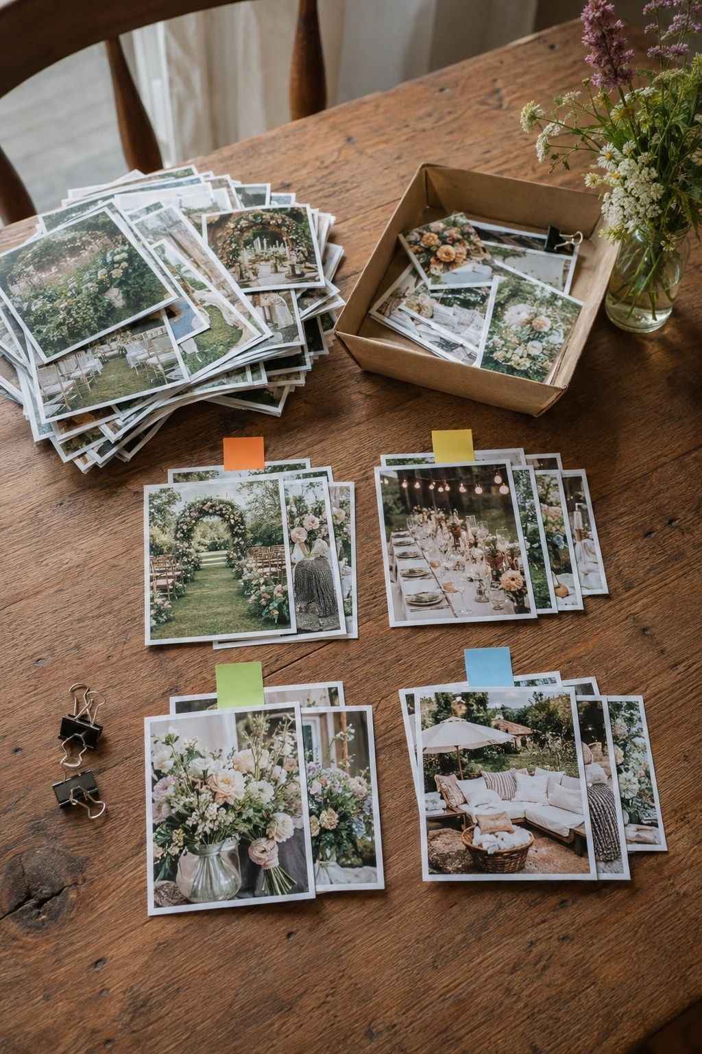 Wedding inspiration board audit sorting photo prints into focused groups and discarding duplicates