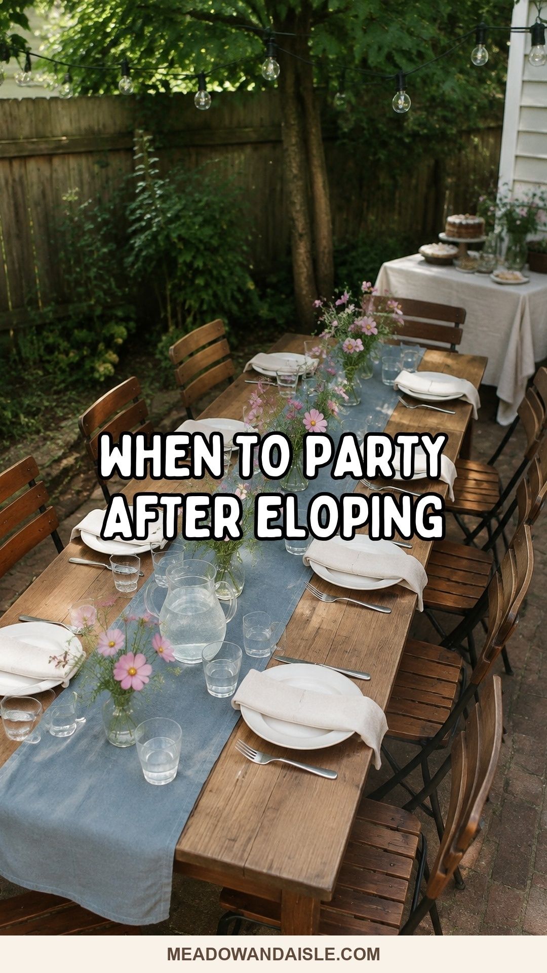 When to party after eloping Pinterest pin over an intimate backyard dinner table.