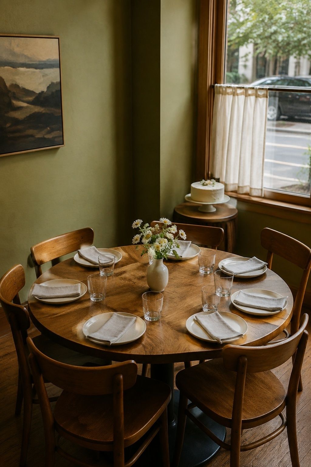 Small restaurant table with white napkins, daisies and a simple cake for a dinner after eloping.