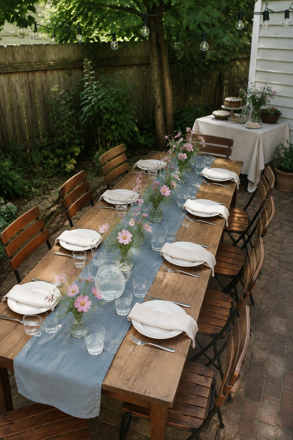 Backyard post-elopement dinner table with a blue runner, pink cosmos and simple place settings.