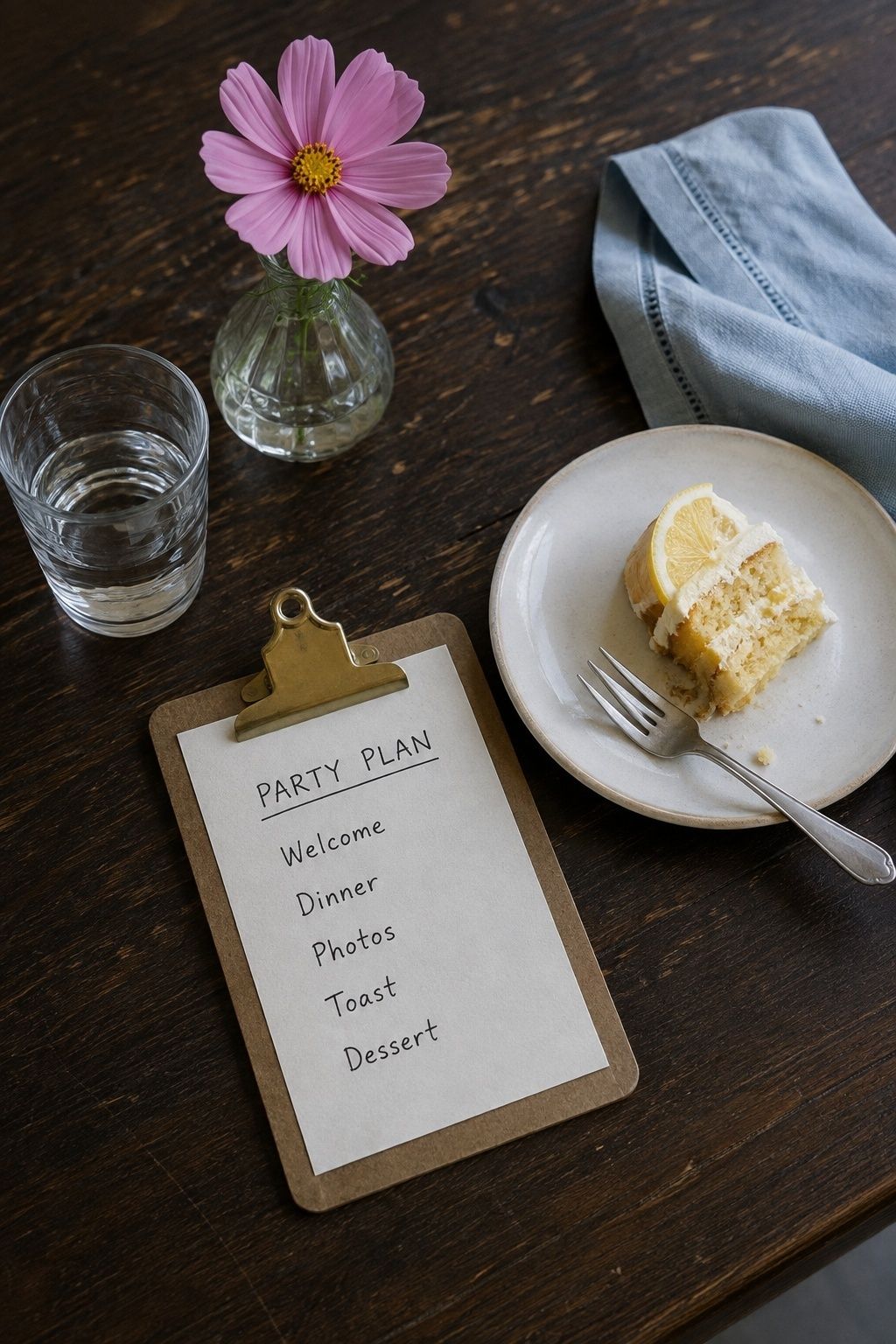 Party plan listing welcome, dinner, photos, toast and dessert beside lemon cake and a blue napkin.