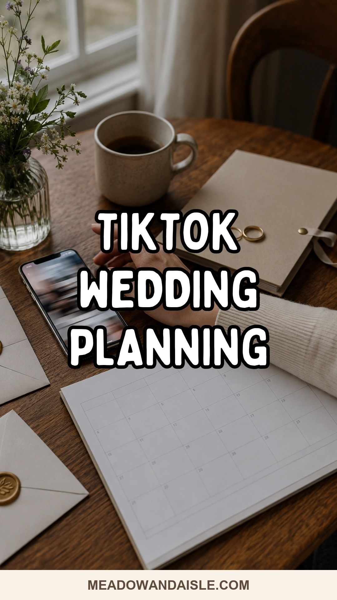 TikTok wedding planning Pinterest pin with a phone, calendar, rings, and wedding planner