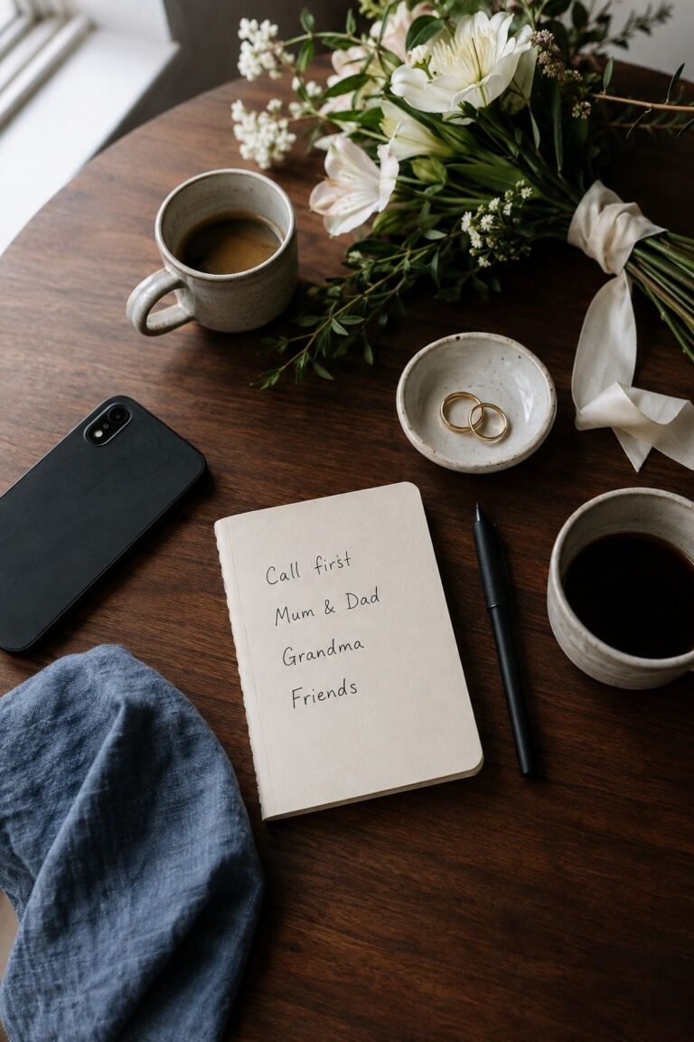 Handwritten family call list beside a phone, wedding rings and bouquet.