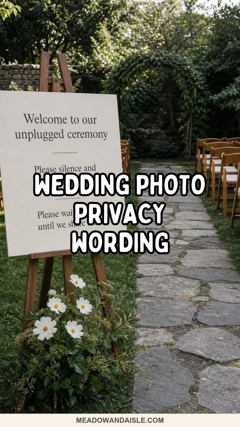 Wedding photo privacy wording Pinterest pin with a garden ceremony sign