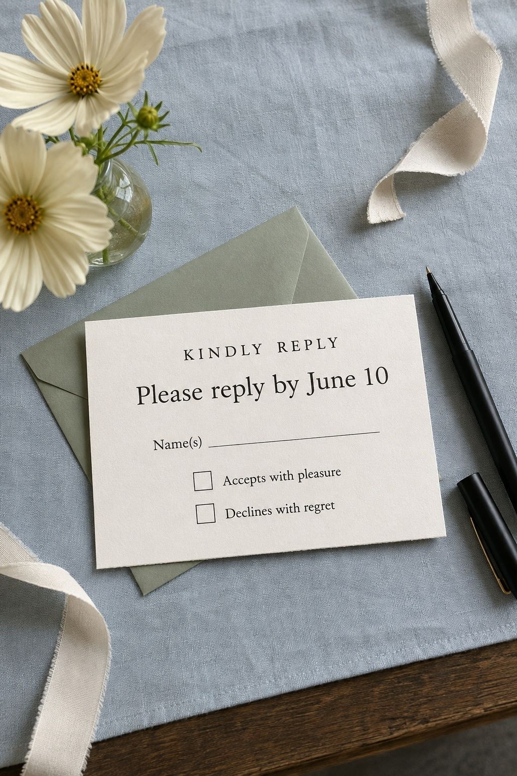 Wedding RSVP card with a prominent June 10 deadline on blue linen.