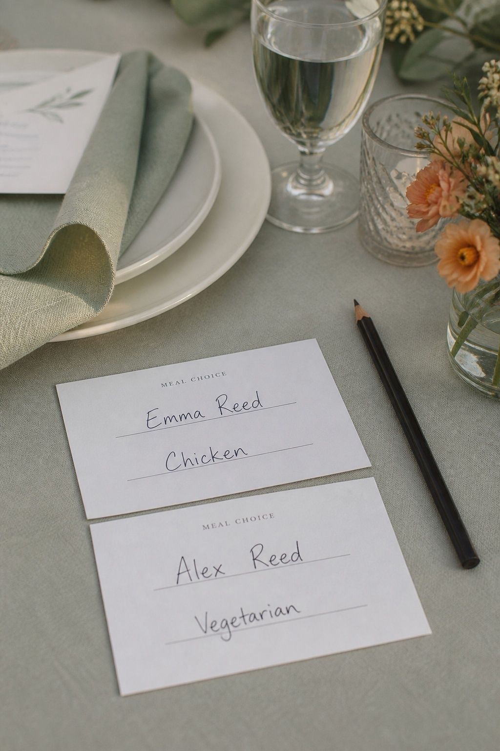 Individual meal-choice cards for Emma and Alex beside a wedding place setting.