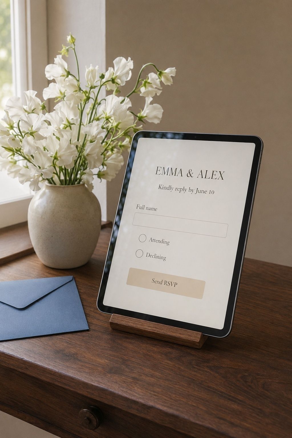 Tablet displaying a wedding RSVP form beside white sweet peas and a blue envelope.