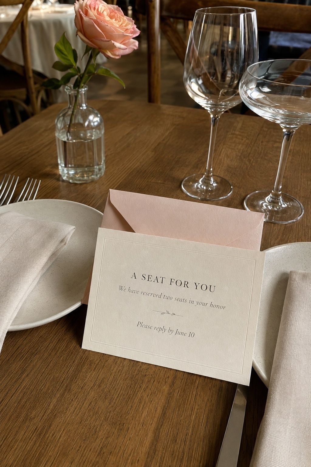 Wedding RSVP card stating that two seats are reserved, beside two place settings.