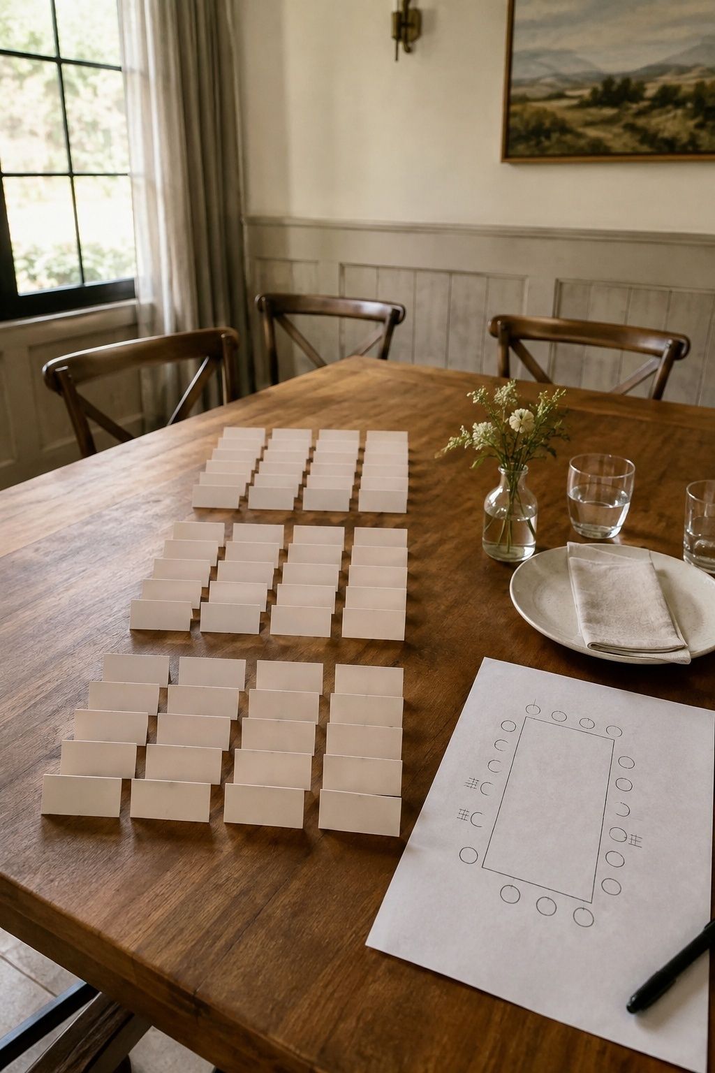 Blank guest cards and intimate wedding seating sketch in a small dining room