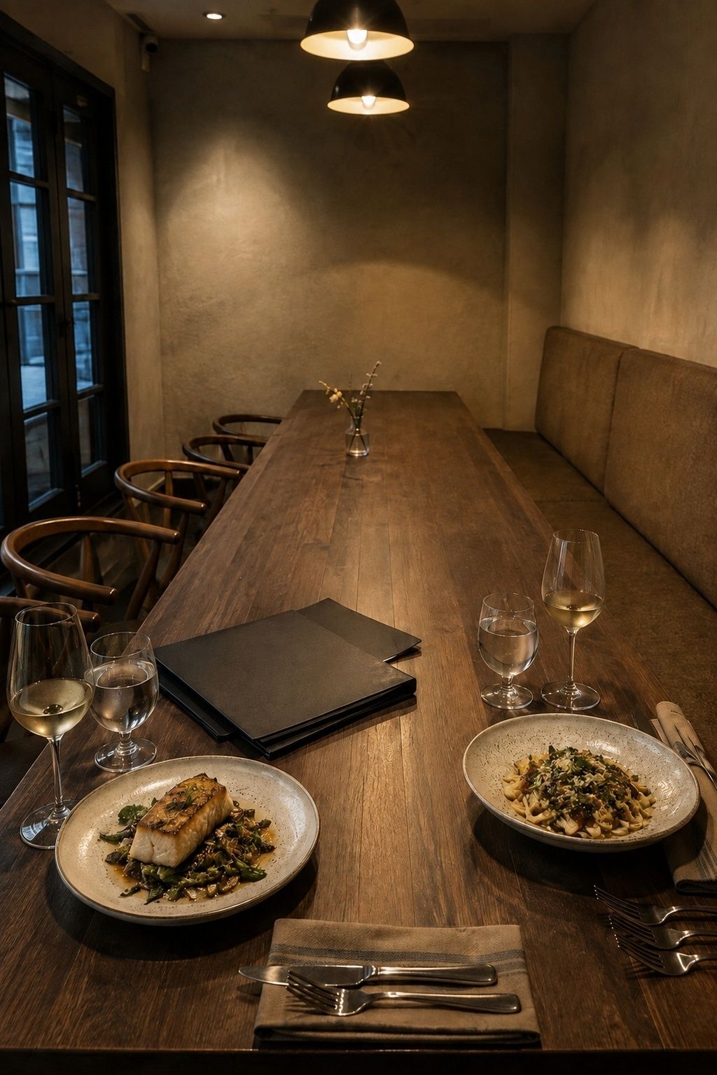 Private dining room tasting with estimate folders before wedding decor purchases