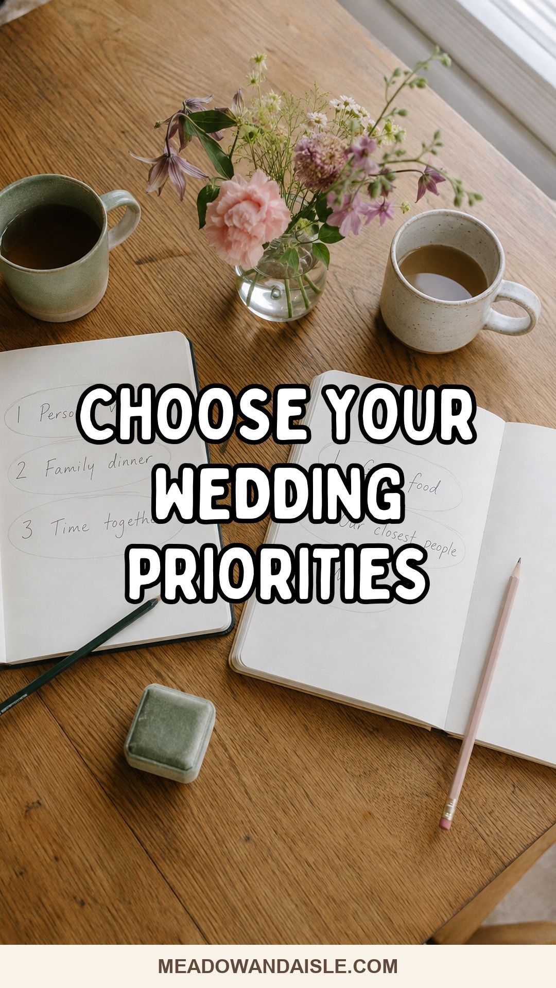Choose your wedding priorities pin with two planning notebooks.