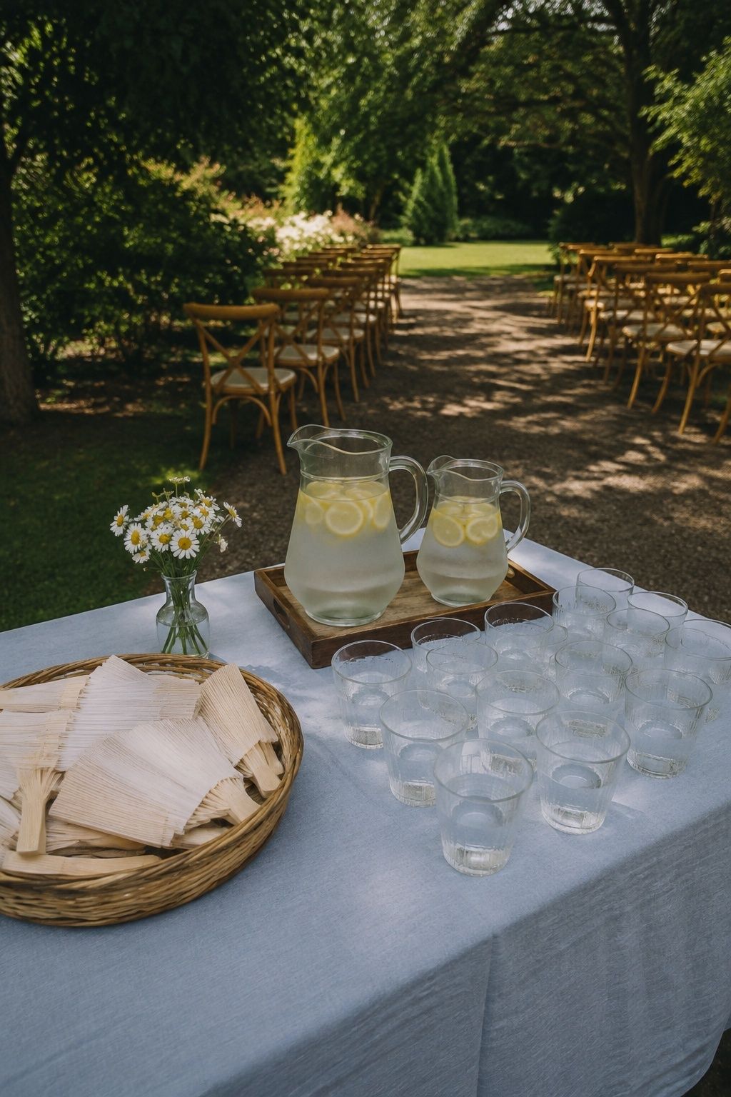 Lemon water, drinking glasses and hand fans beside shaded wedding ceremony seating.