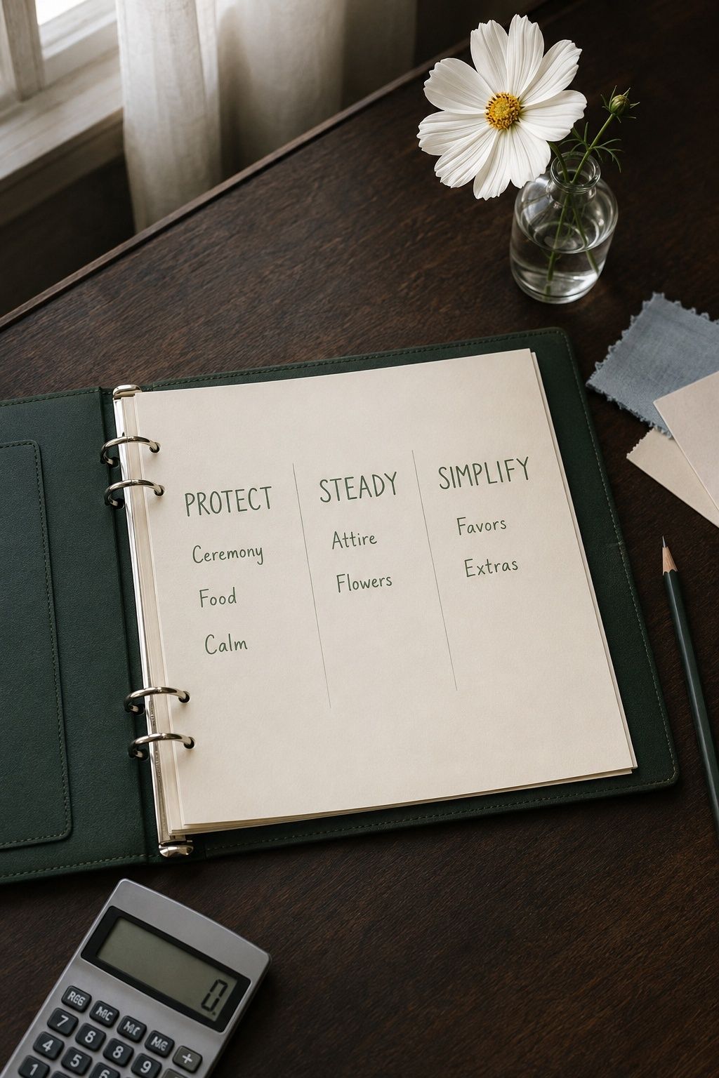 Wedding budget binder organized into protect, steady and simplify categories.
