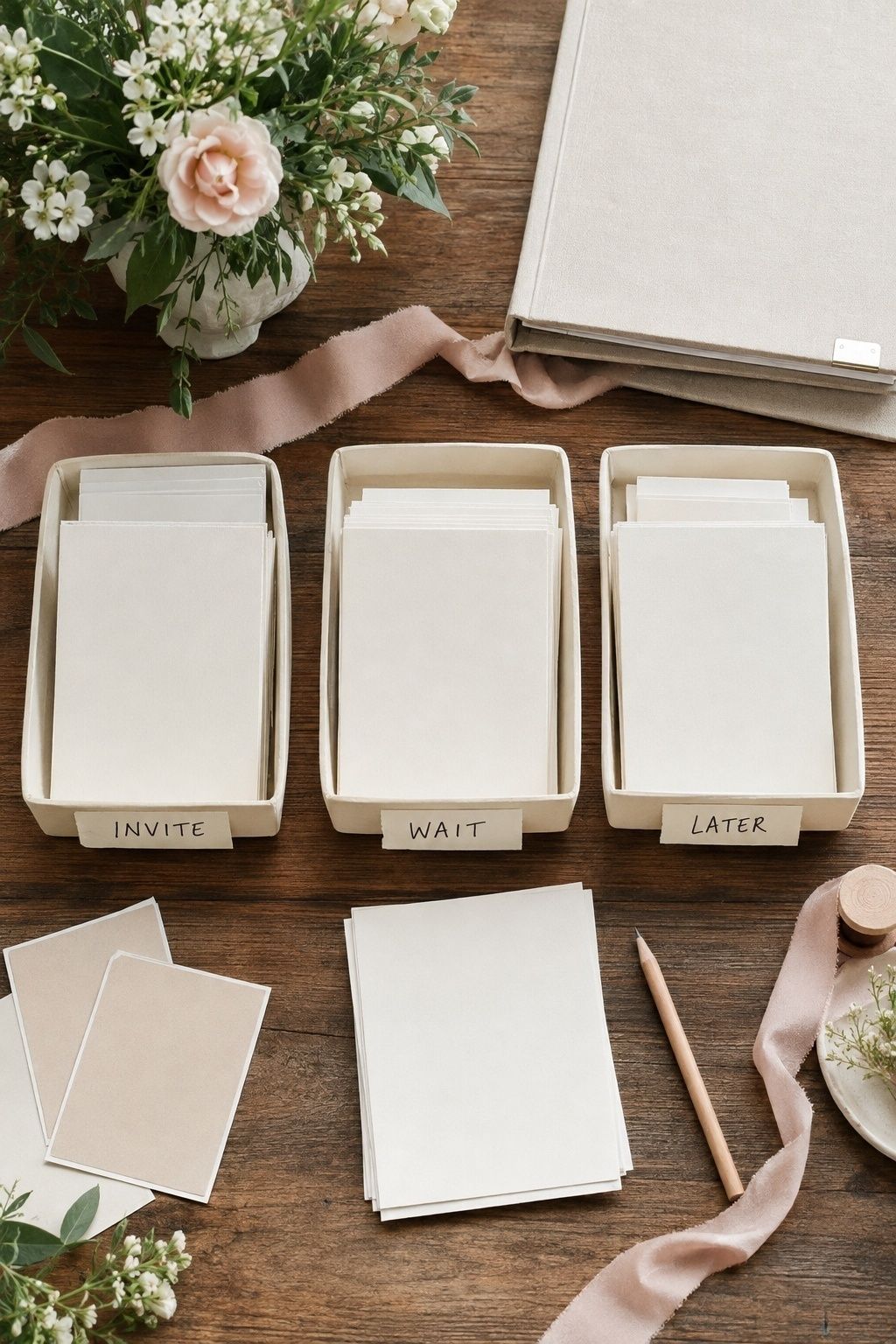 Wedding guest cards sorted into Invite, Wait, and Later planning trays