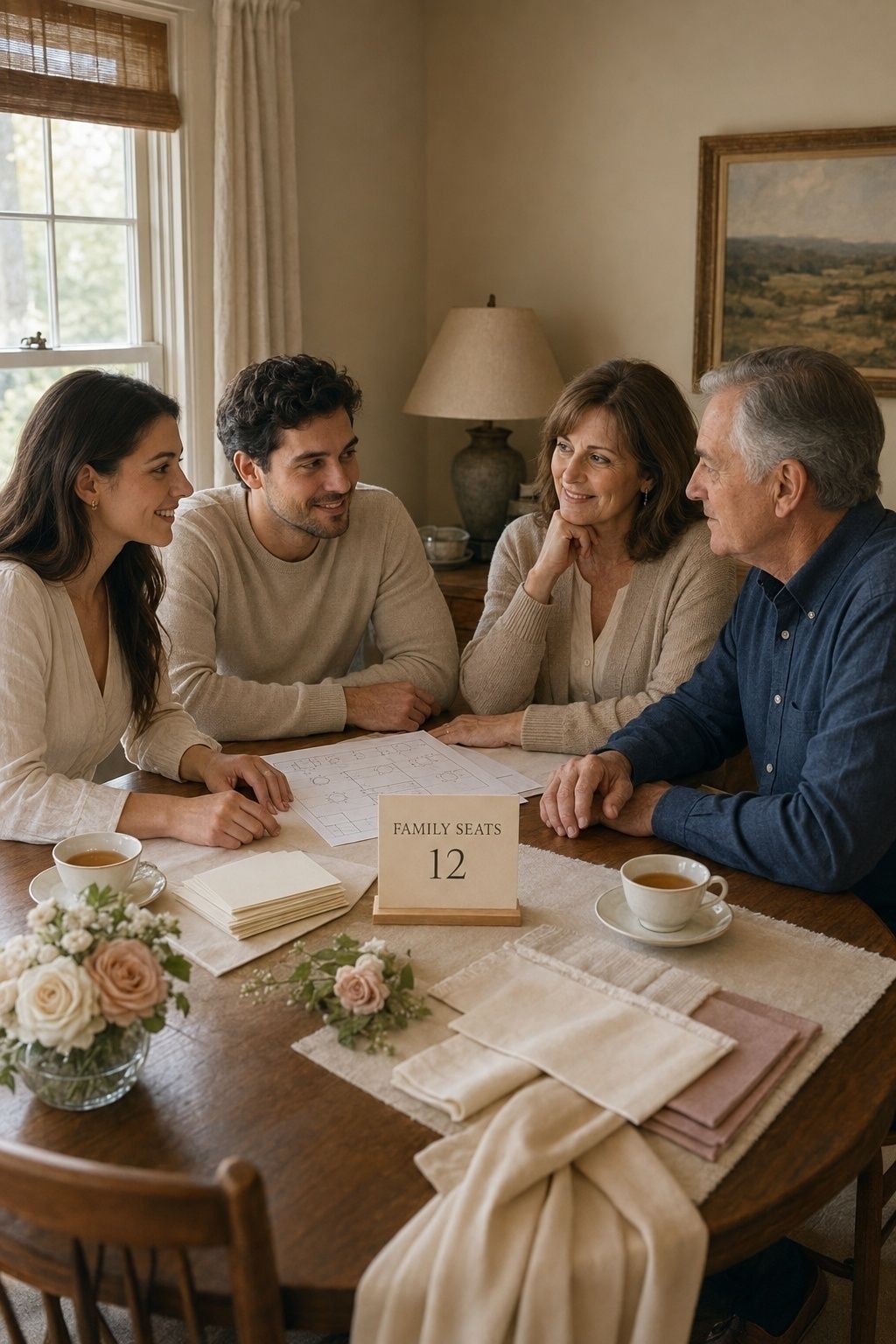 Couple and parents calmly planning twelve family guest seats around a wedding floor plan