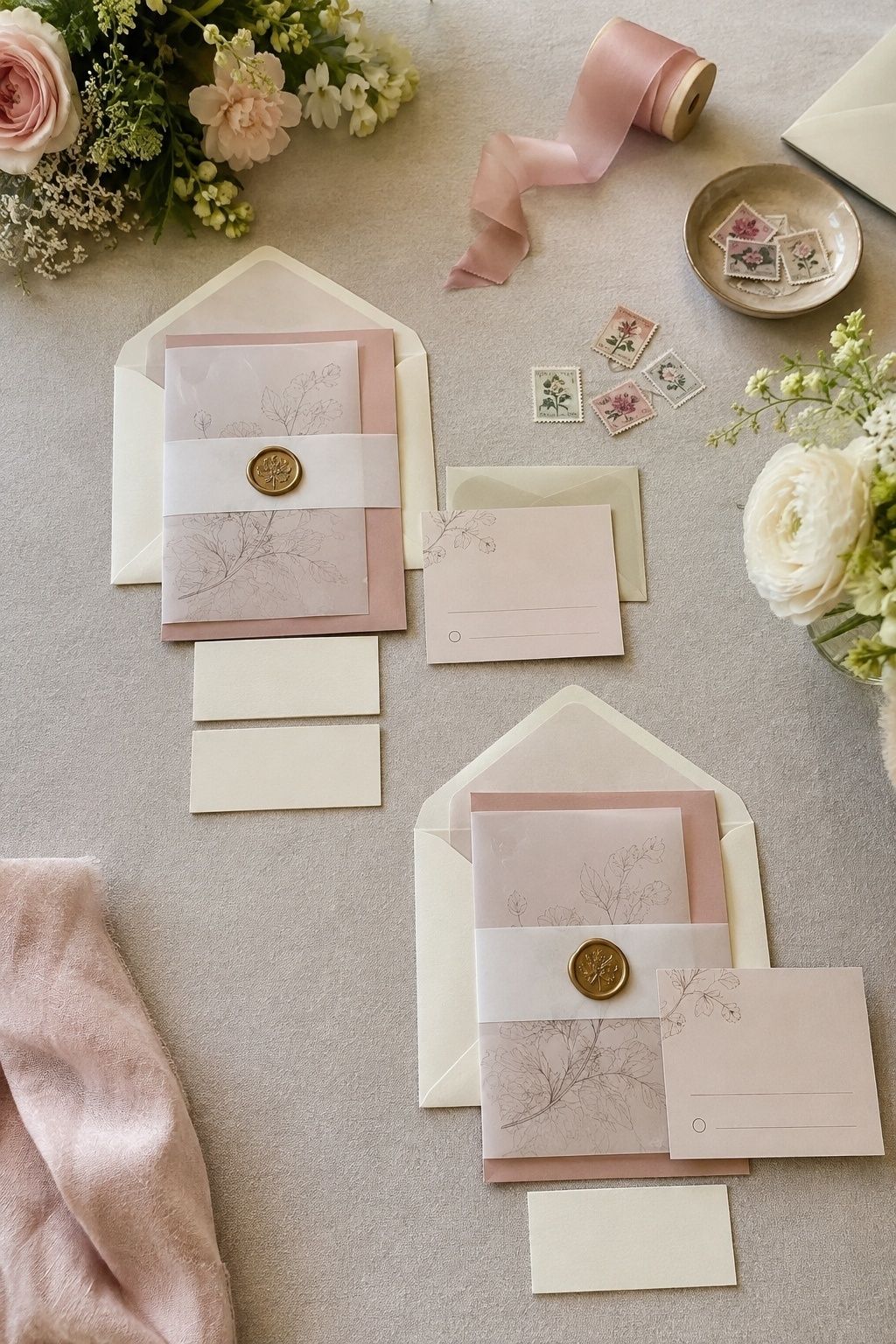 Wedding invitation suites arranged for a named couple and for one solo guest