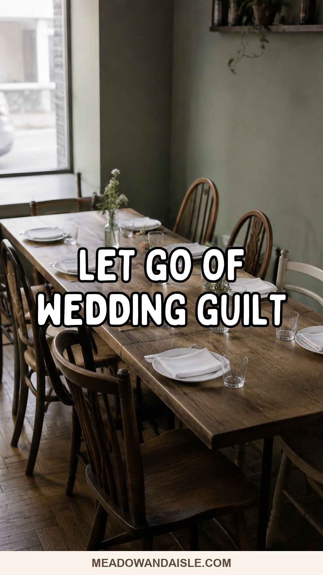 Let go of wedding guilt Pinterest pin over an intimate restaurant wedding table.