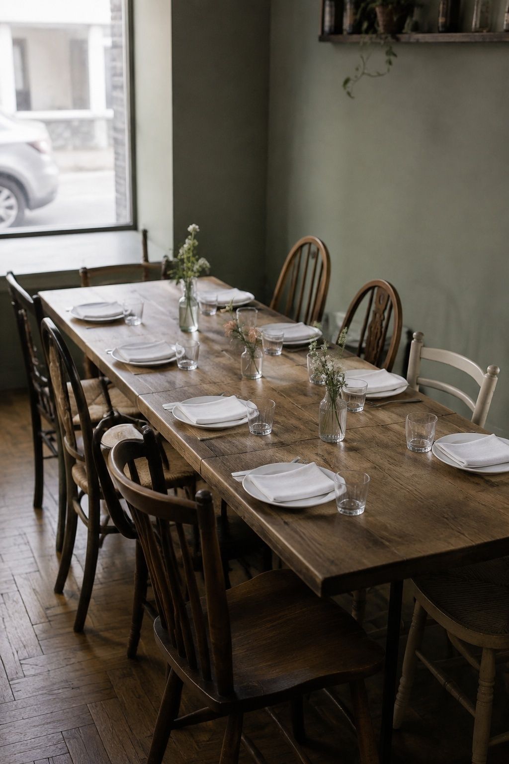 Simple wedding dinner with white plates and three small bud vases.