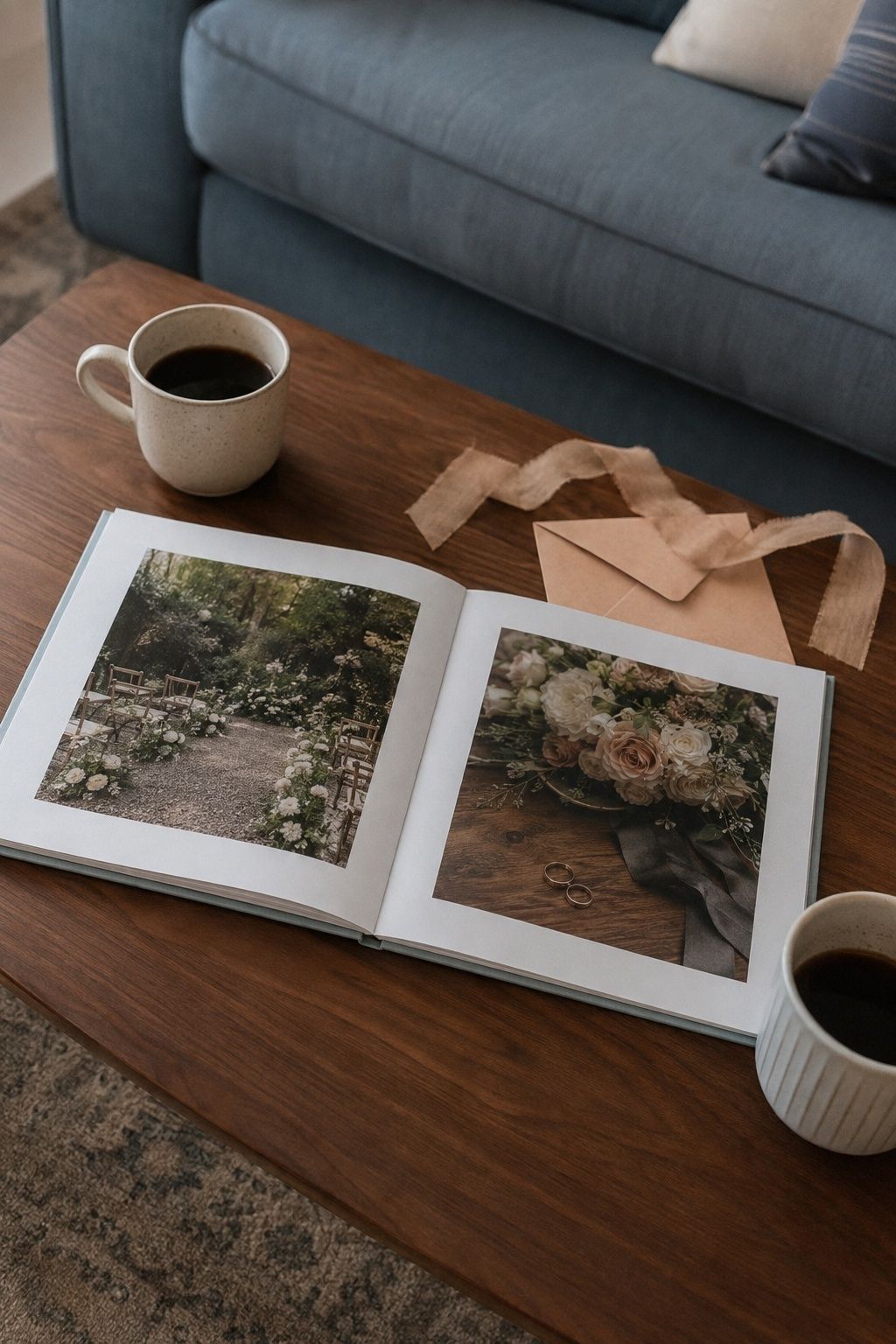 Small wedding photo album on a coffee table with two cups.