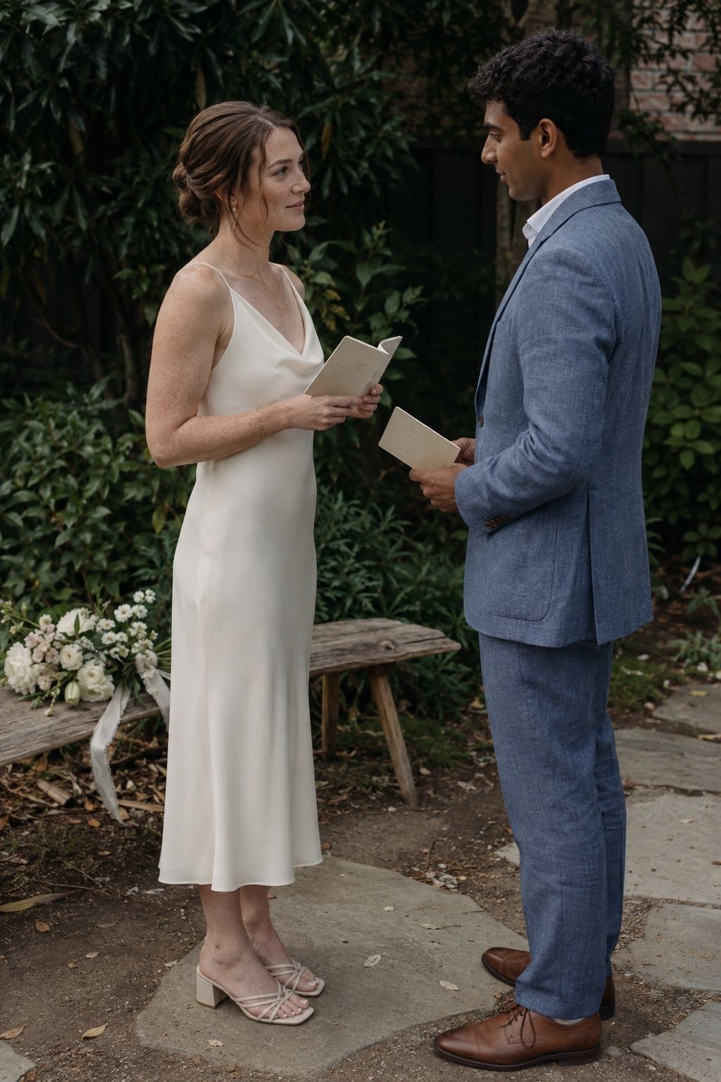 Couple sharing private vows in a quiet garden.