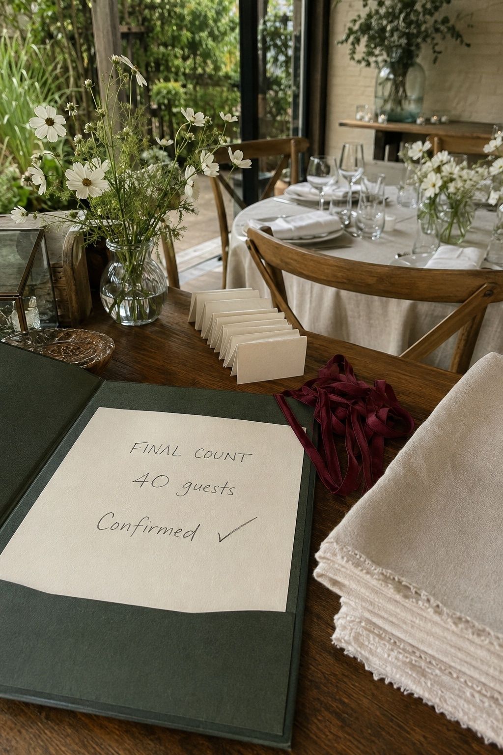 Confirmed final wedding guest count beside escort cards and reception linens