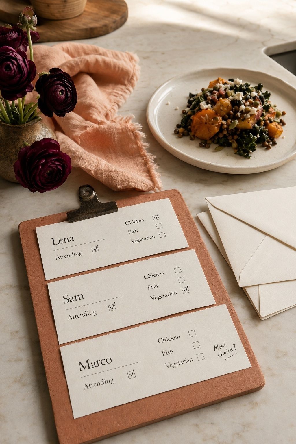Wedding response cards showing a missing meal choice beside a vegetarian tasting plate