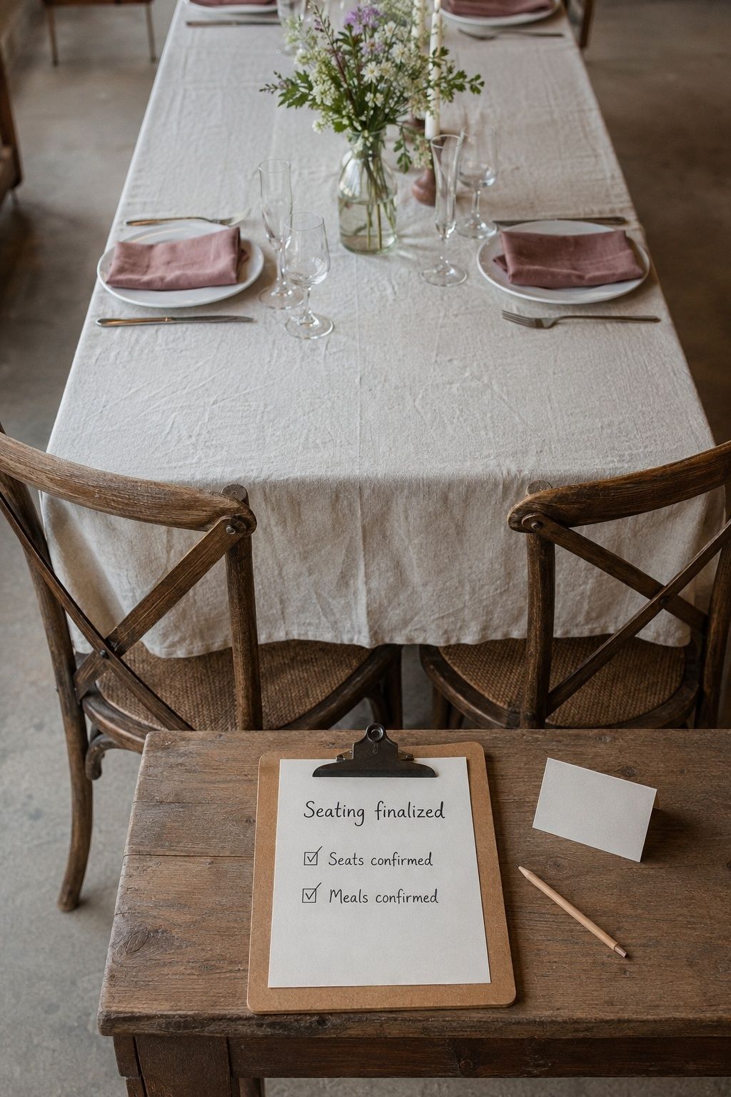 Finalized wedding seating and meal checklist beside reception place settings