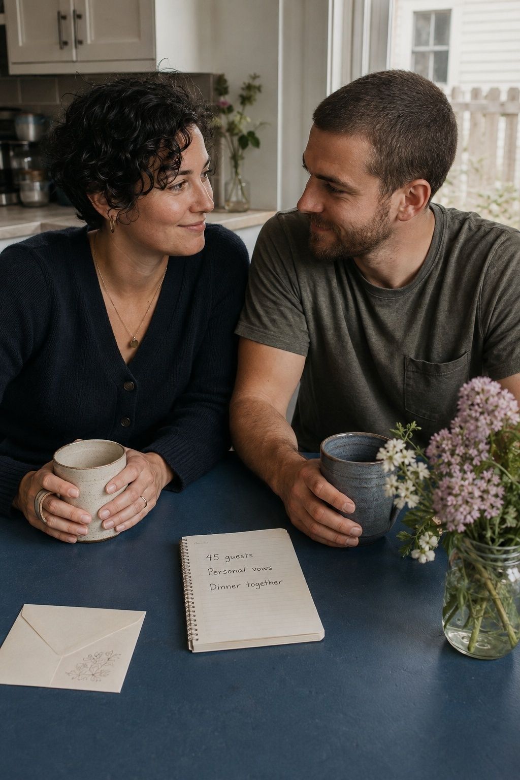 Couple discussing a short list of wedding priorities at their kitchen table