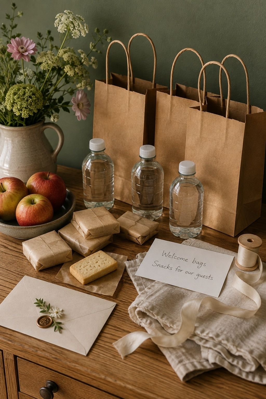 Wedding welcome bags with fruit, shortbread and water ready to pack