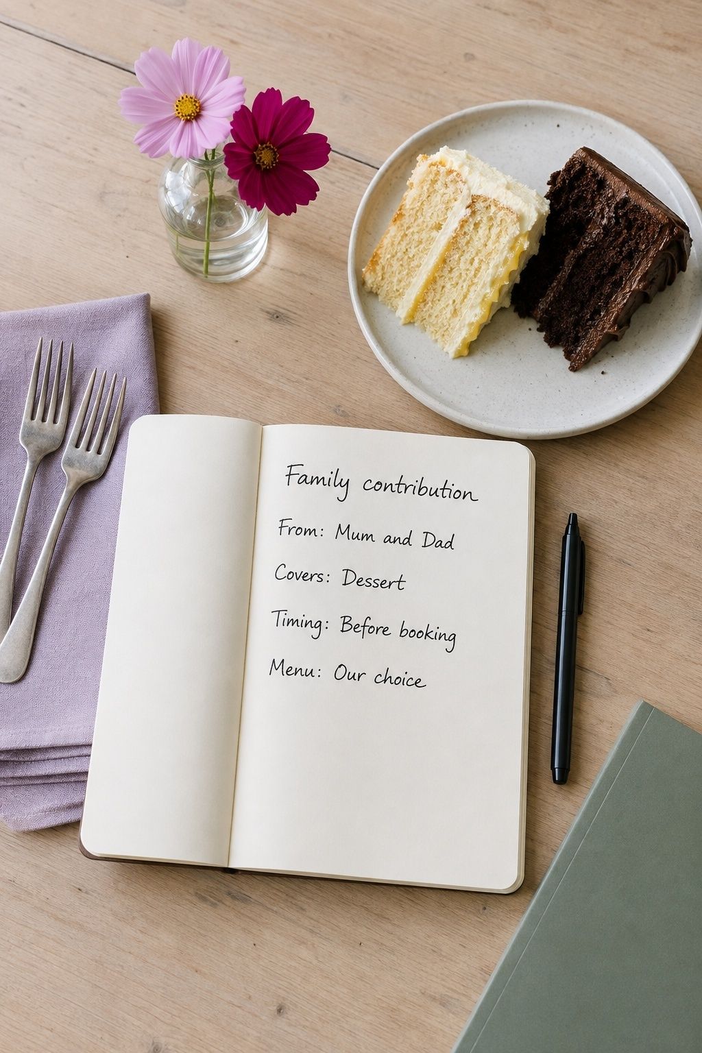 Family dessert contribution notes beside two wedding cake samples