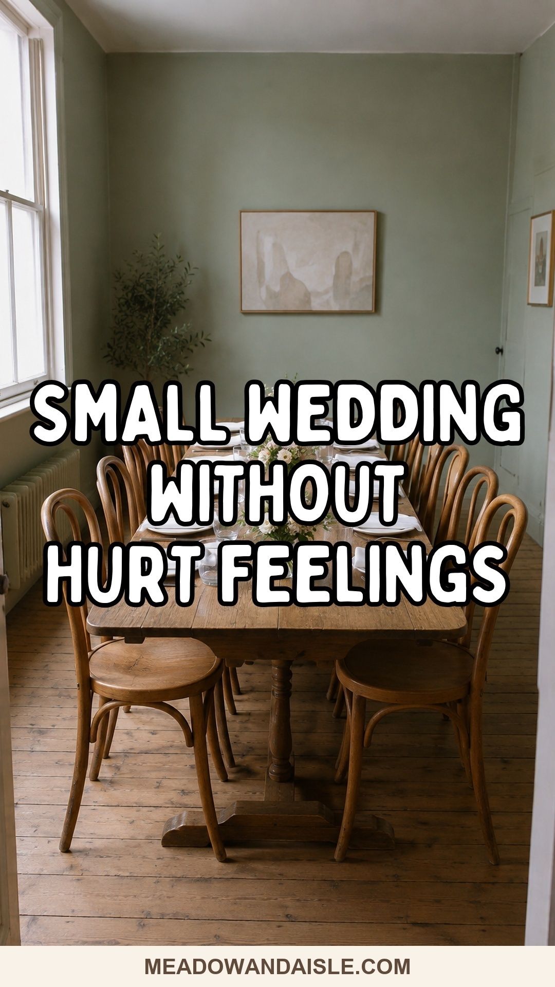Small wedding without hurt feelings Pinterest pin over an intimate wedding dining room