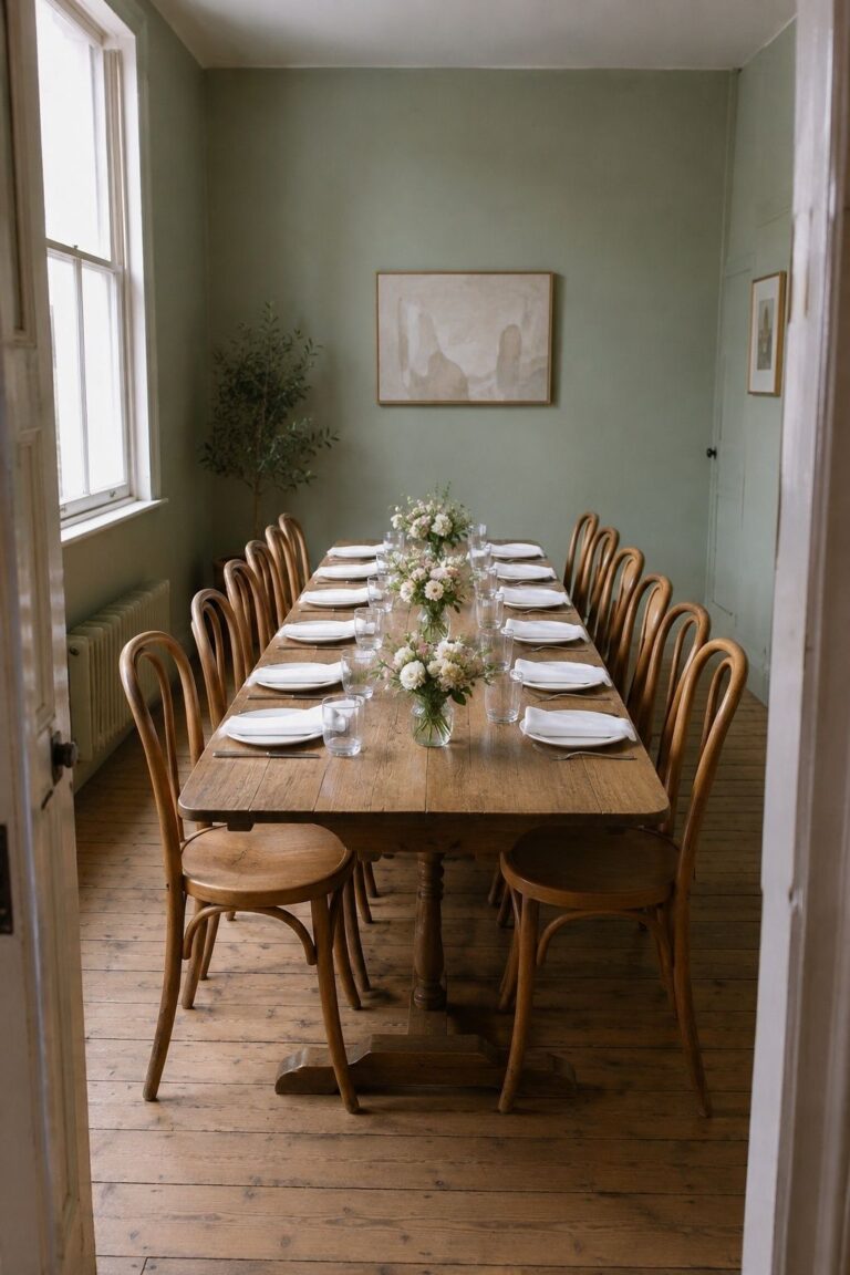 Intimate wedding lunch table with twelve place settings in a sage green private dining room