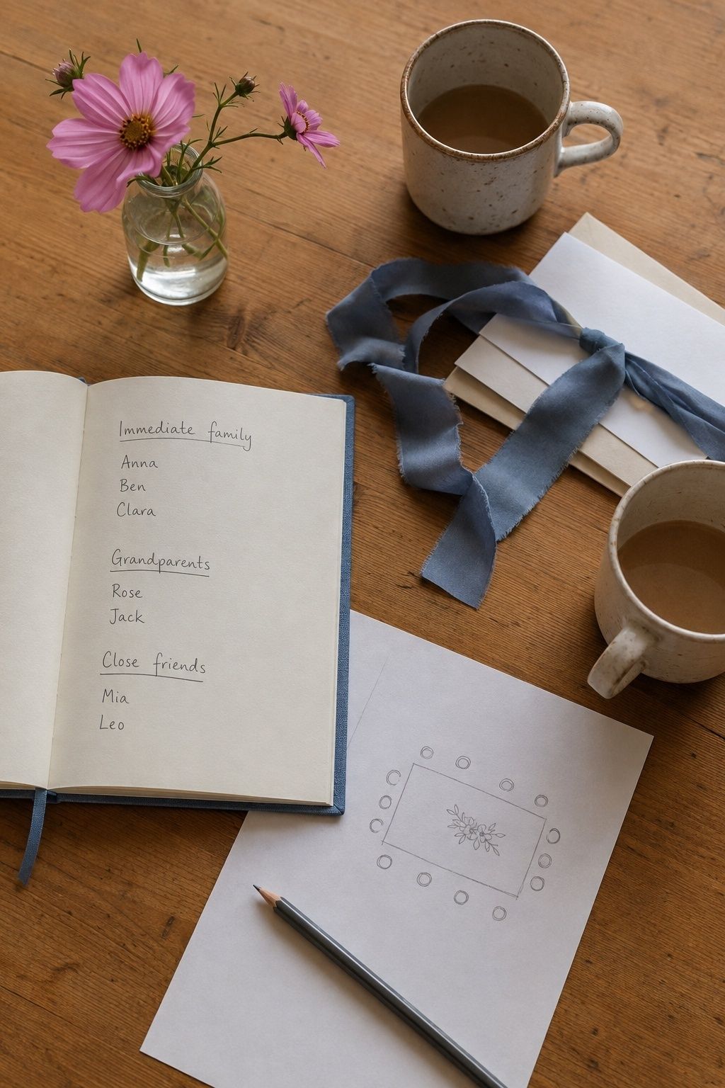 Wedding guest-list notebook organized into immediate family, grandparents, and close friends