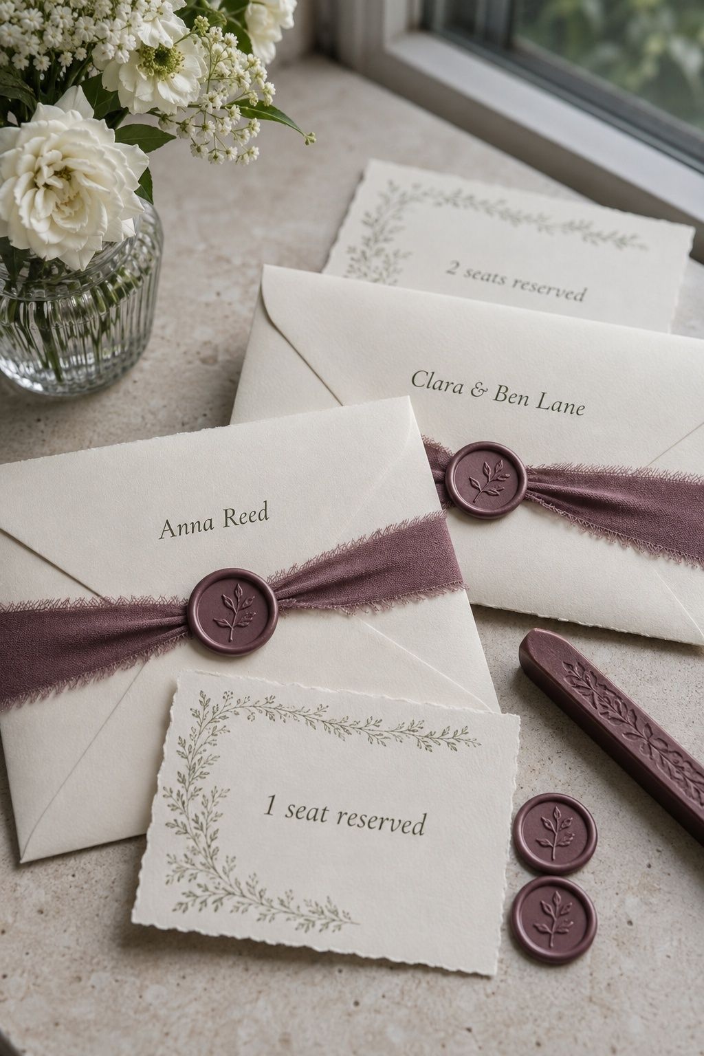Named wedding envelopes with matching one-seat and two-seat RSVP cards