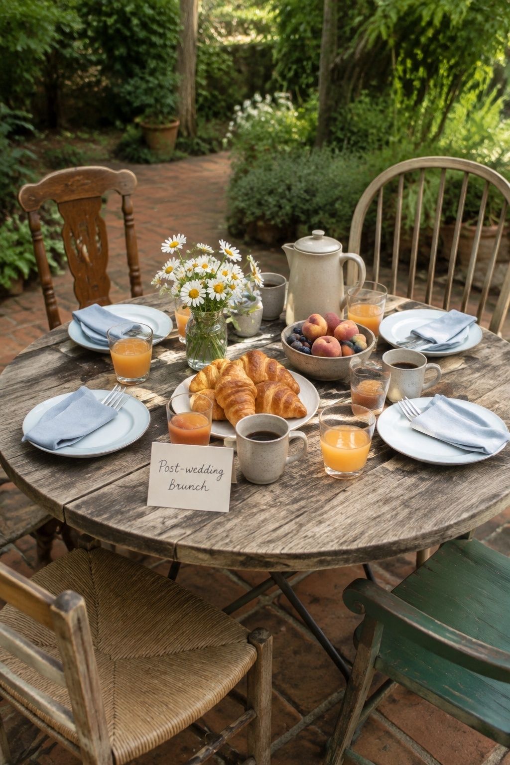 Casual post-wedding brunch table with pastries, fruit, coffee, and a handwritten card