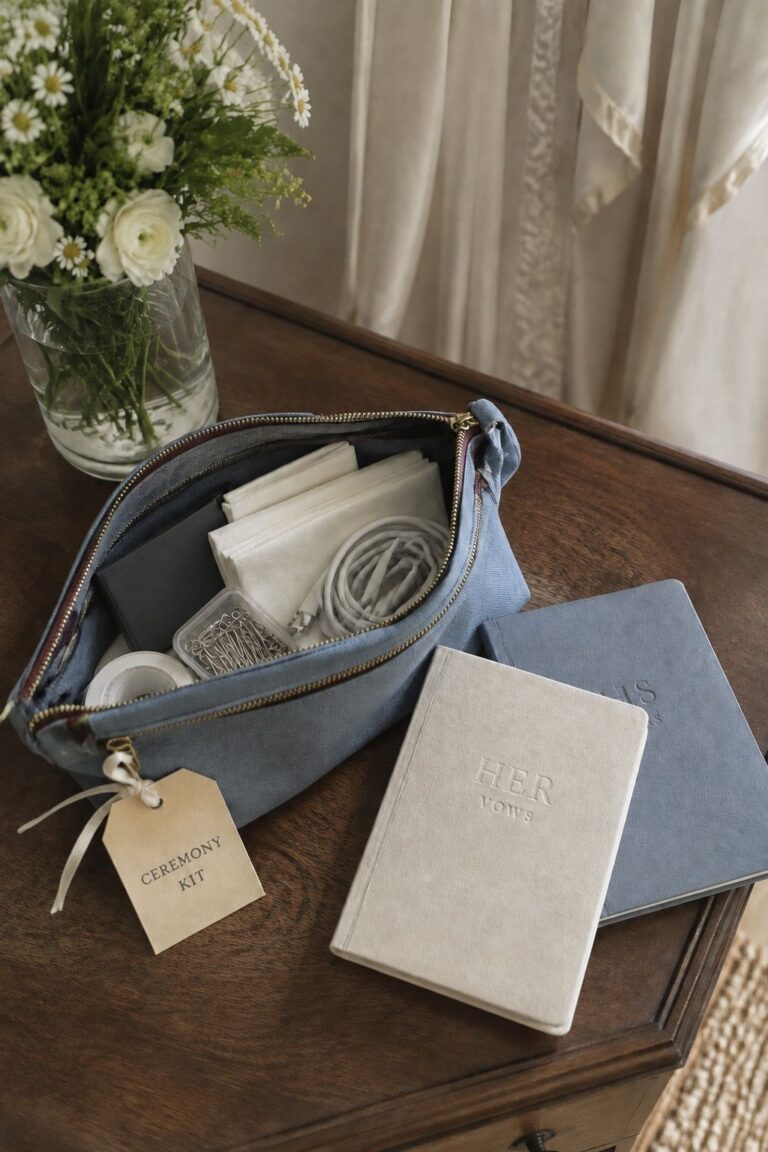 Blue ceremony kit pouch with tissues, charging cable and vow books on a wedding morning side table