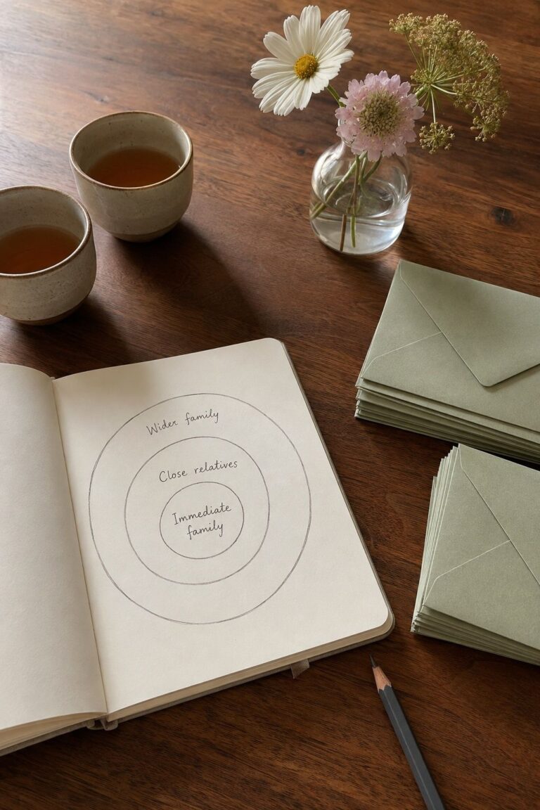 Notebook with concentric family circles beside sage wedding envelopes and tea cups.