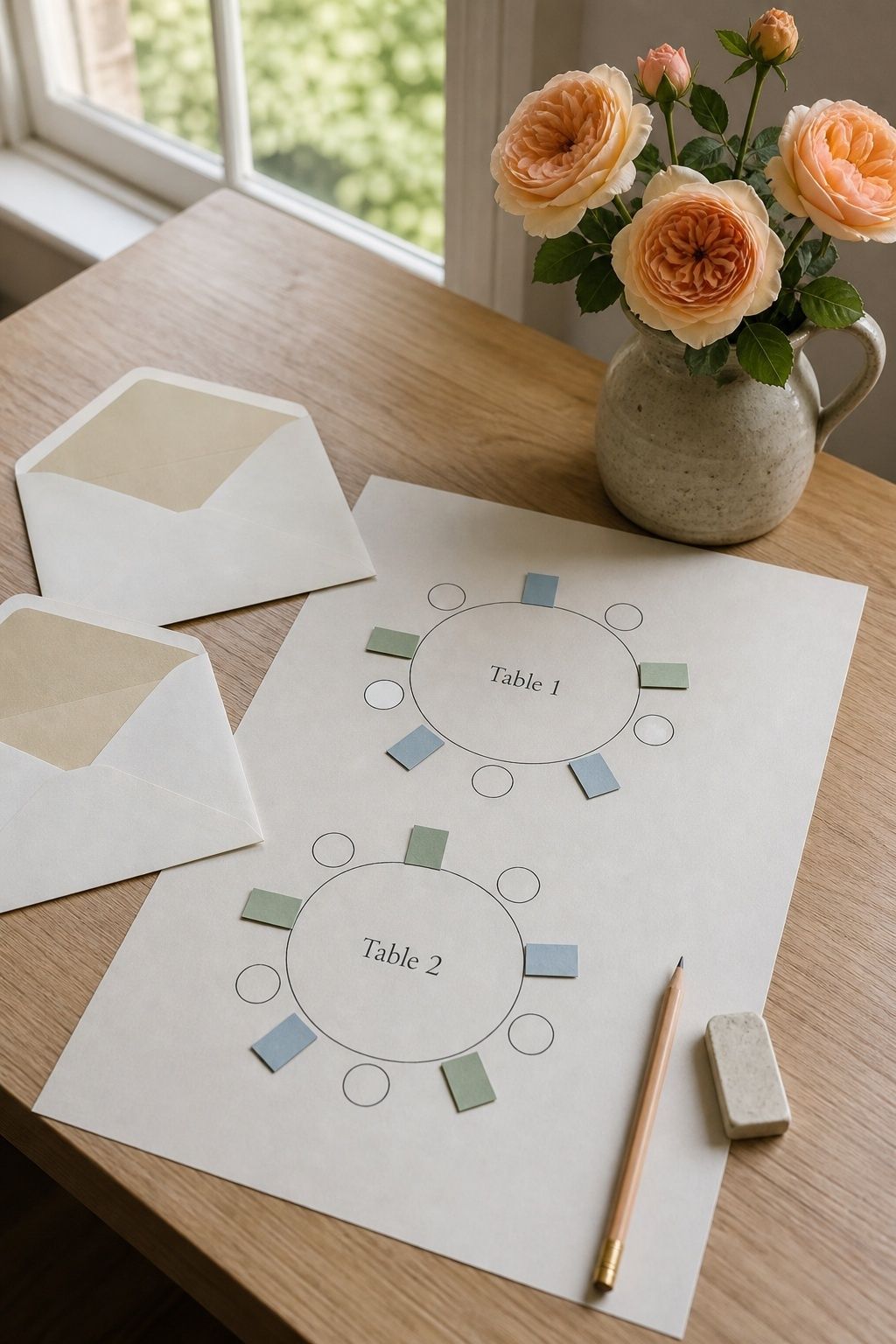 Two wedding seating plans for table one and table two with movable paper name tabs beside invitation envelopes, peach roses, a pencil and an eraser