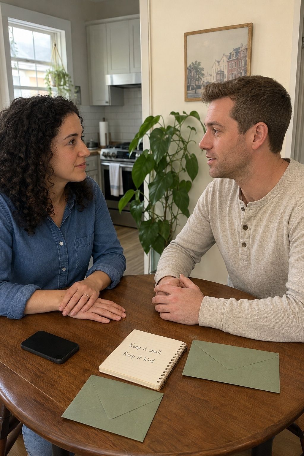 Couple sitting at a round wooden kitchen table practicing what to say, with a notebook, sage envelopes and a phone in front of them