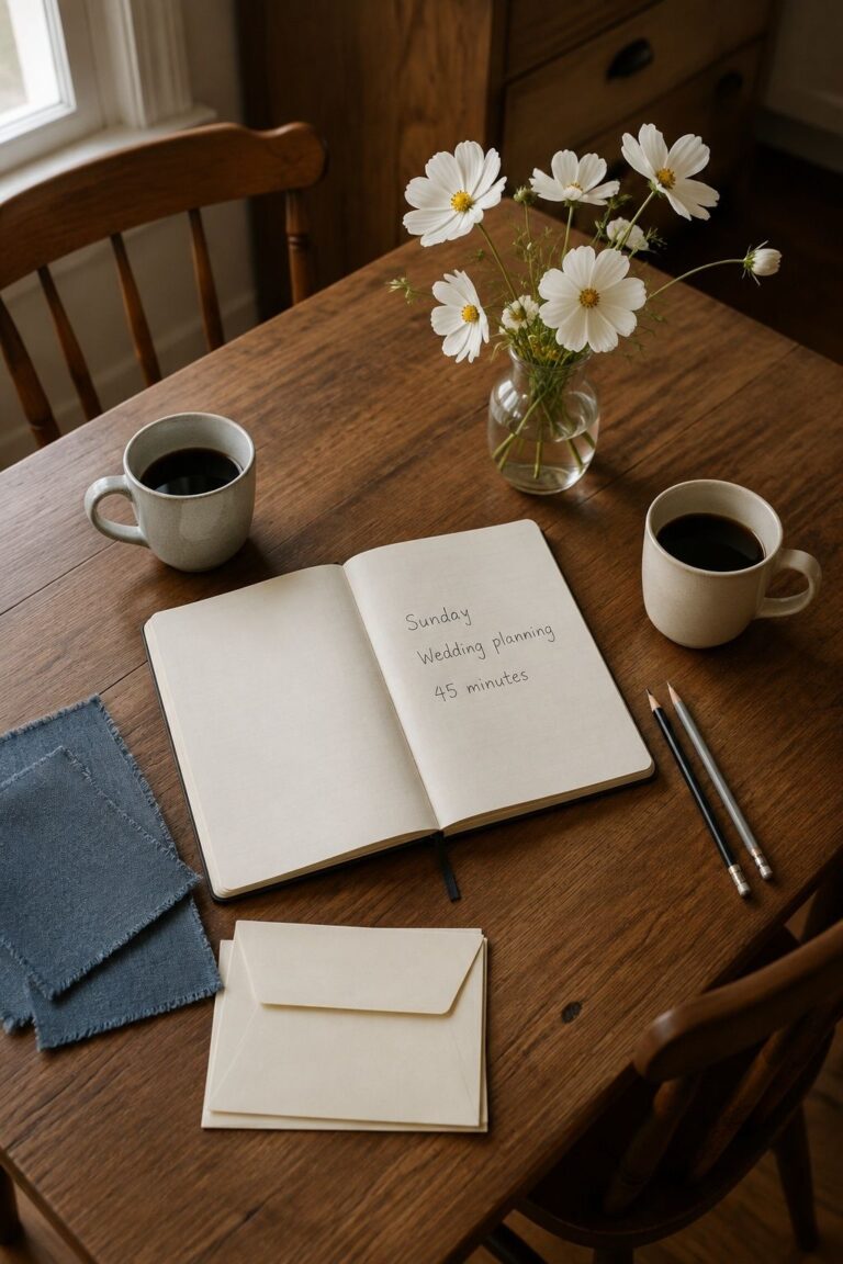Short Sunday wedding planning notebook with coffee and blue linen swatches