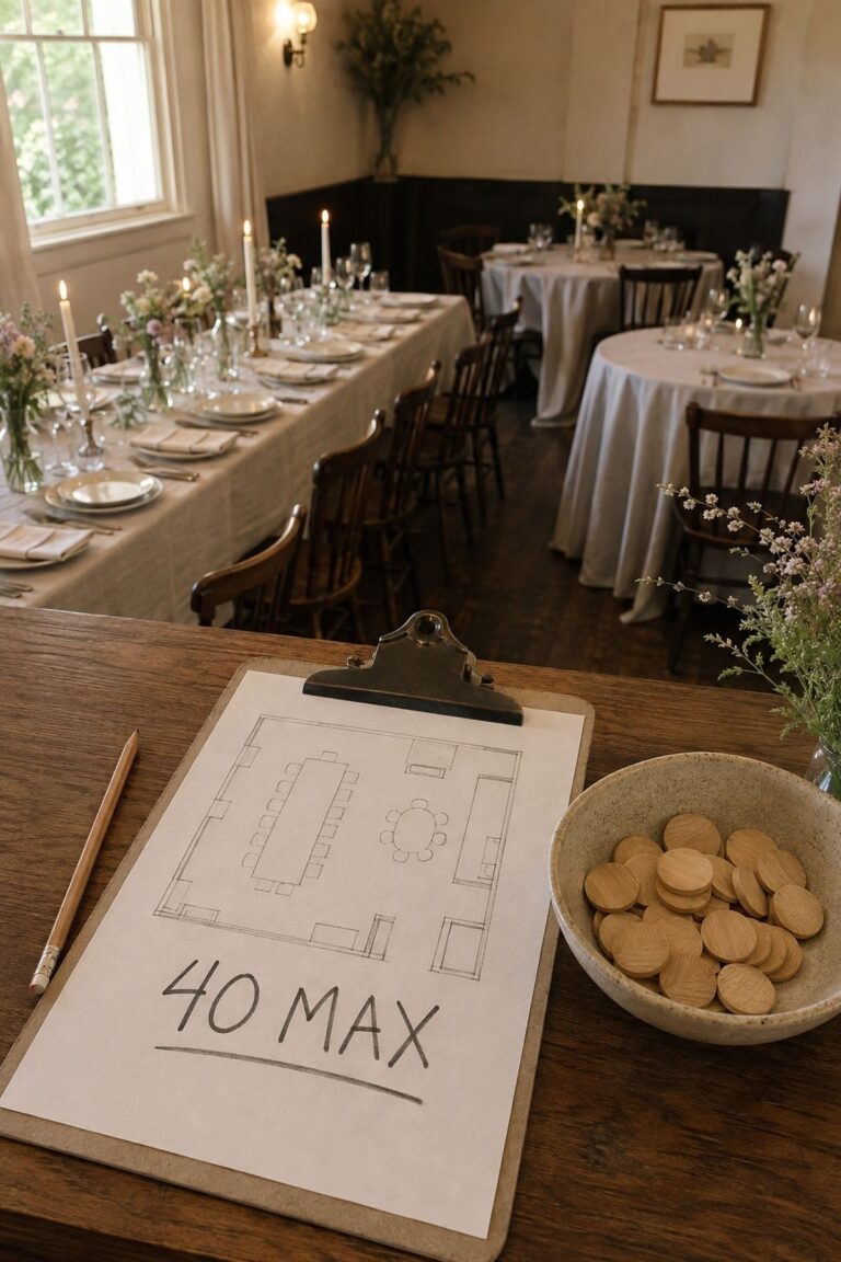 Small wedding venue floor plan marked 40 MAX beside a fully arranged private dining room