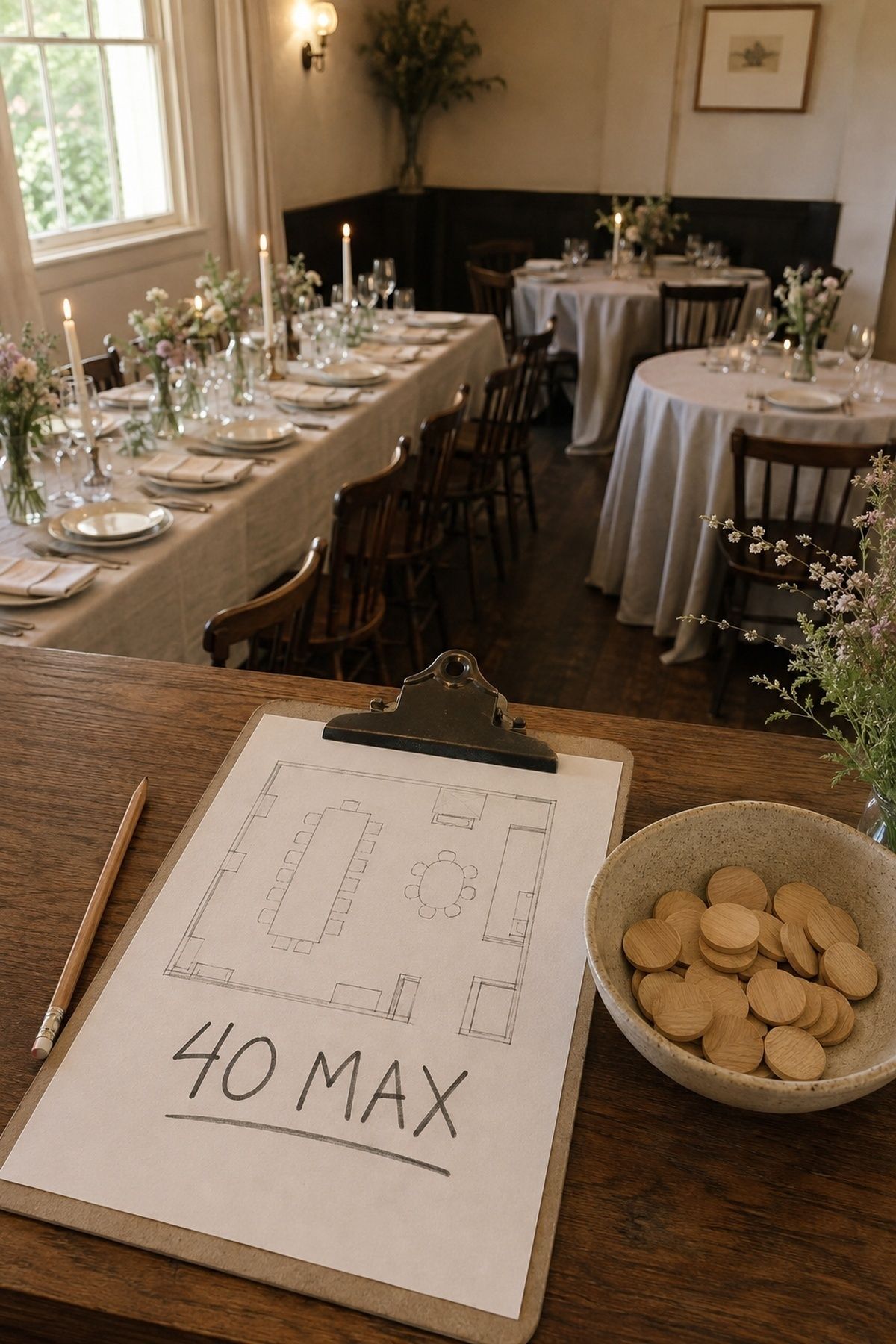 Small wedding venue floor plan marked 40 MAX beside a fully arranged private dining room