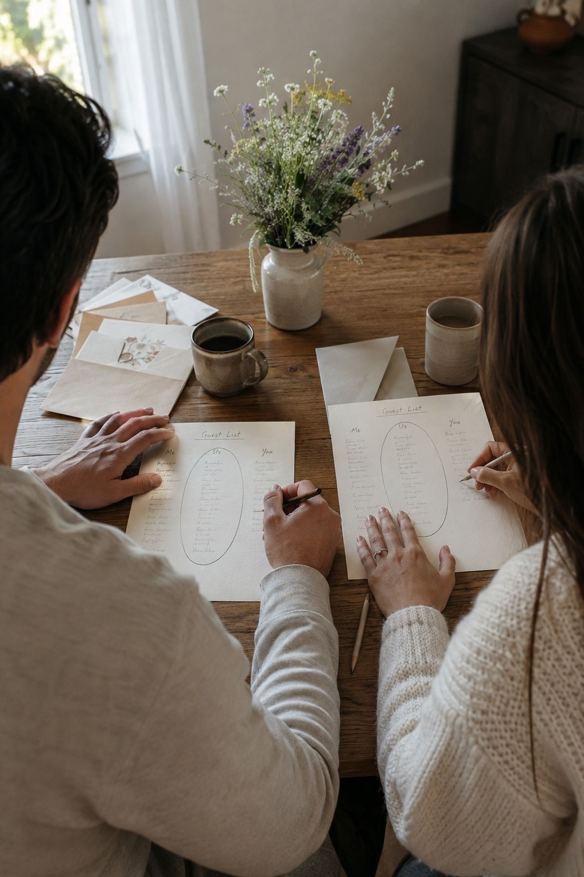 Engaged couple privately comparing must-have wedding guest lists at a home table