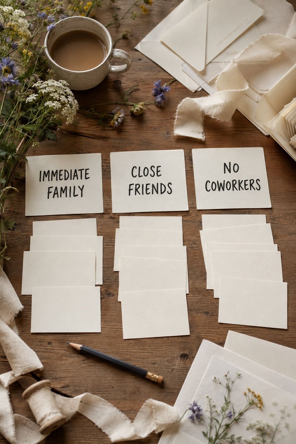 Wedding guest cards sorted into immediate family, close friends, and no coworkers categories