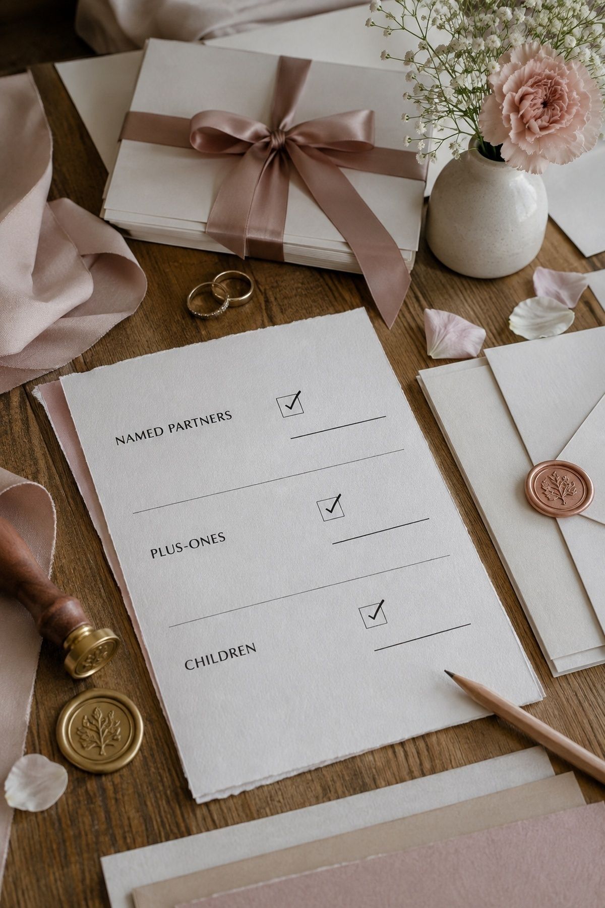 Wedding invitation worksheet for named partners, plus-ones, and children rules