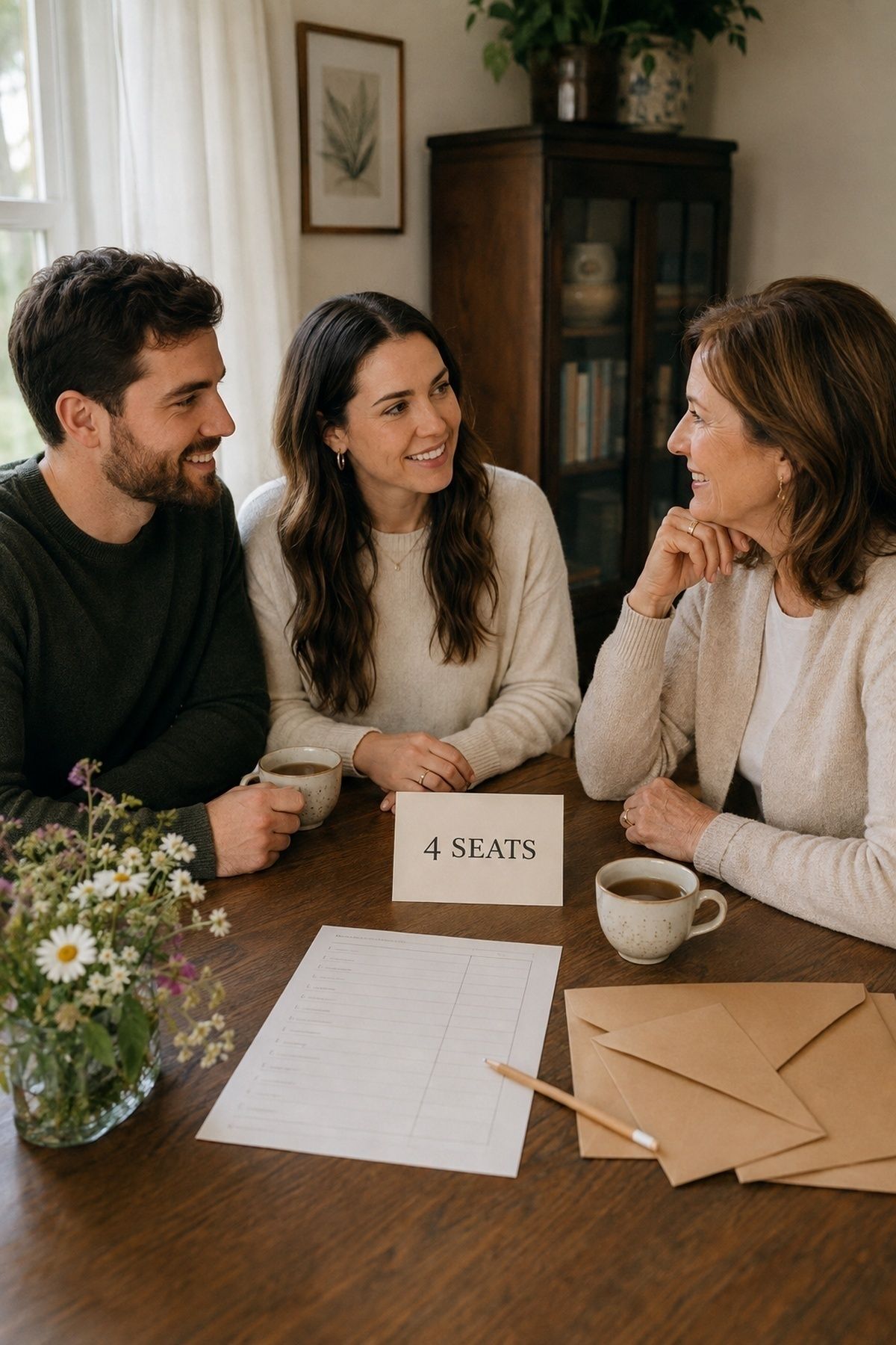 Engaged couple calmly giving a parent a four-seat wedding guest allotment