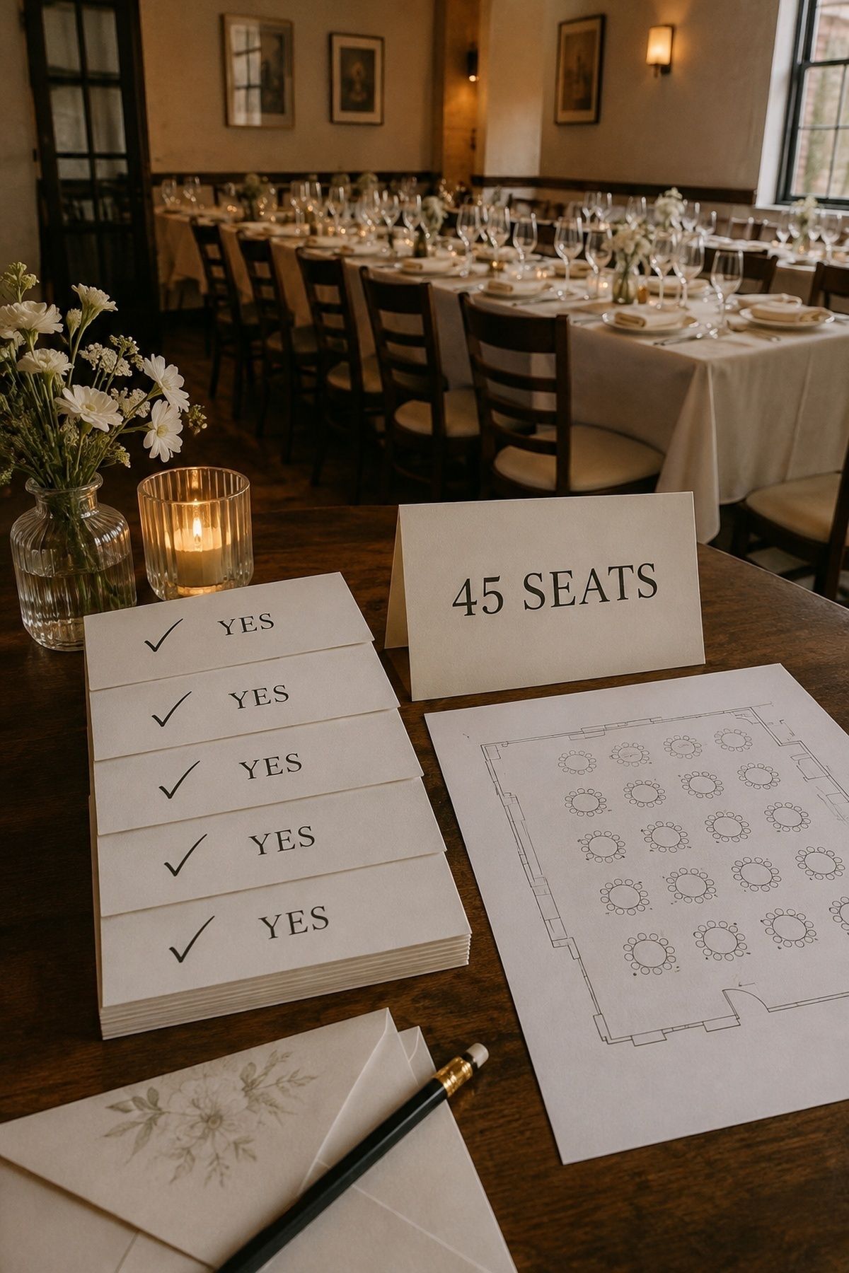 Wedding RSVP cards all marked yes beside a 45-seat capacity card and full reception room