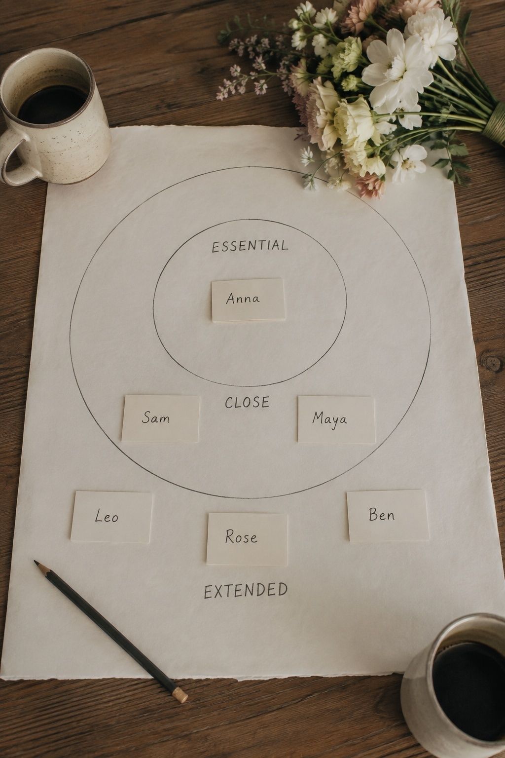 Wedding guest name cards arranged in circles on a planning table