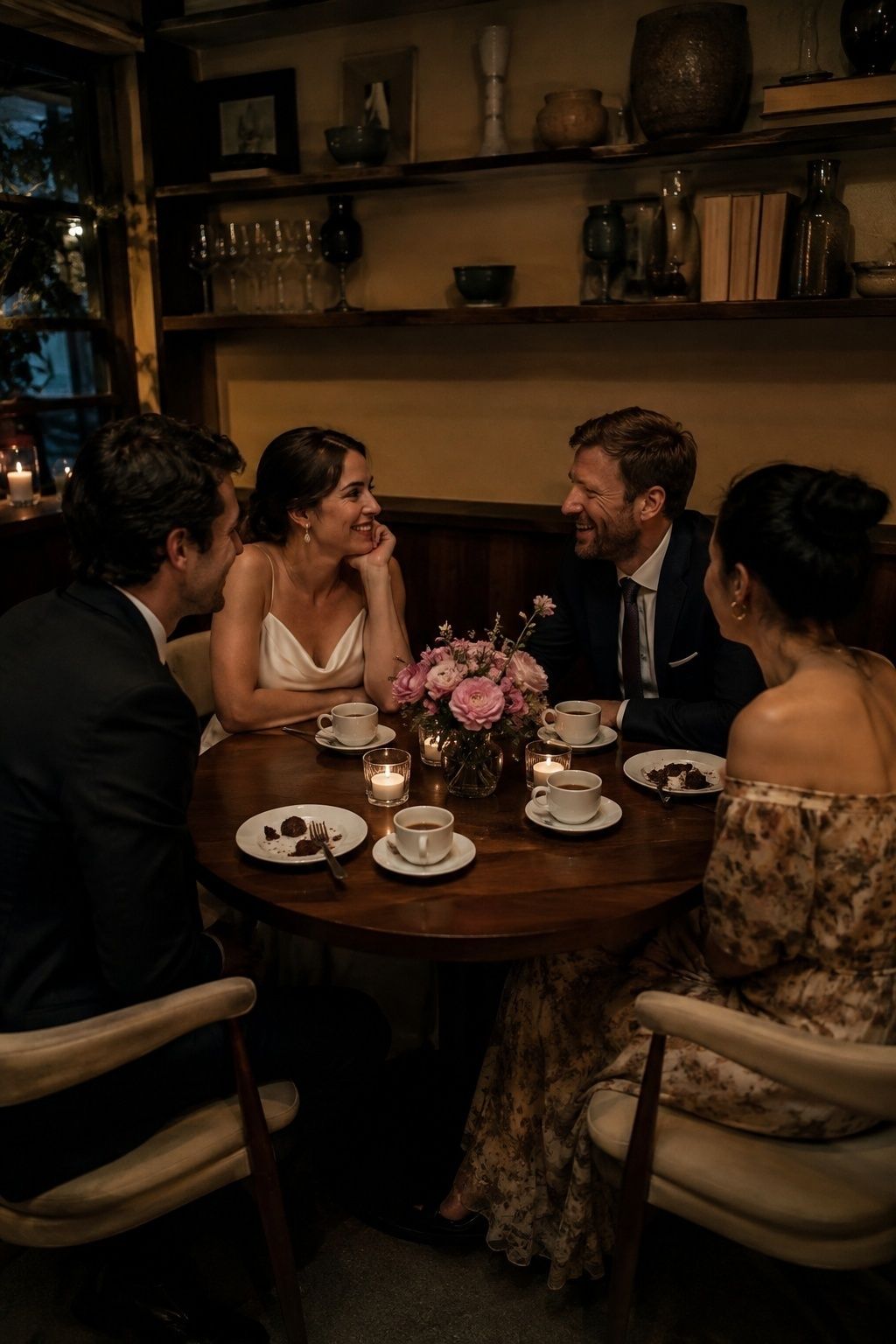 Four wedding guests talking over coffee and dessert