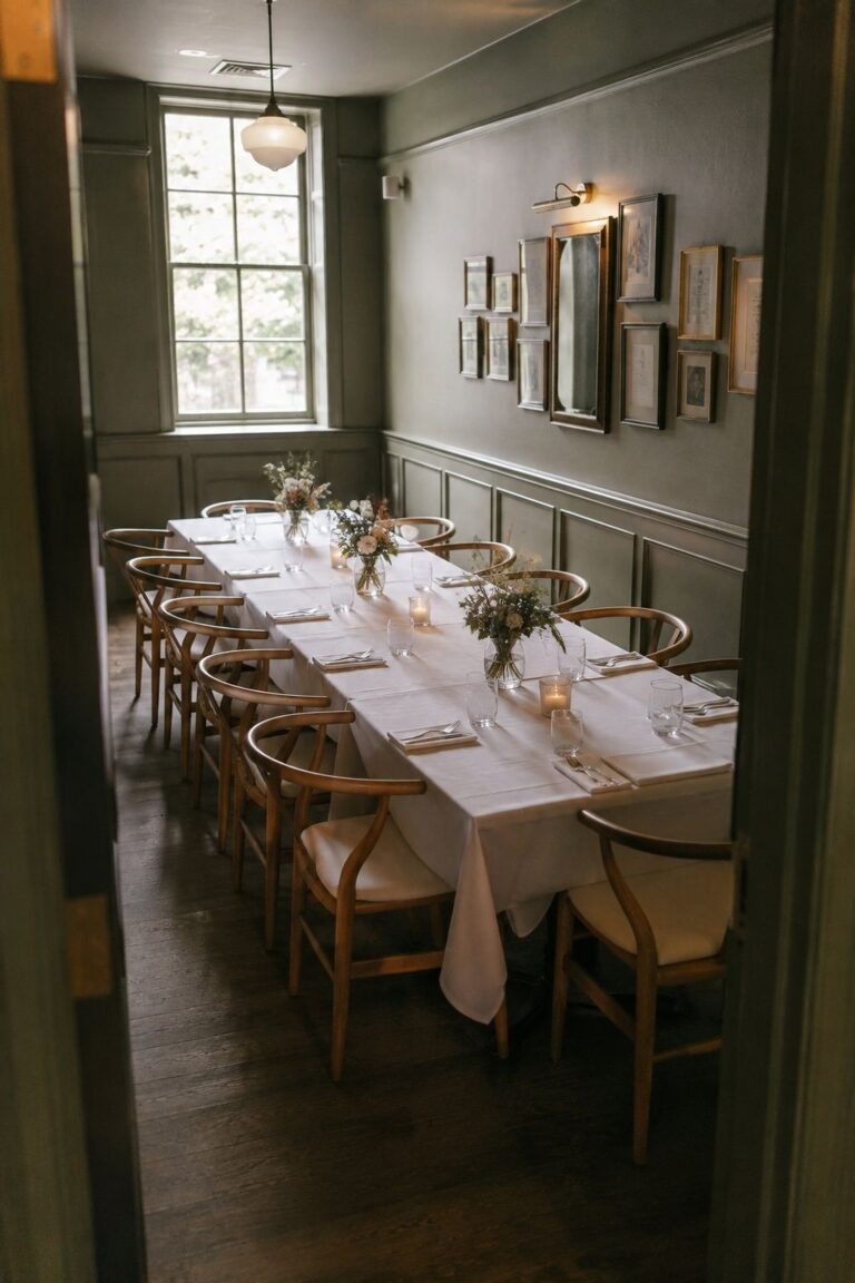 Intimate restaurant dining room with one long wedding table and comfortable seating.
